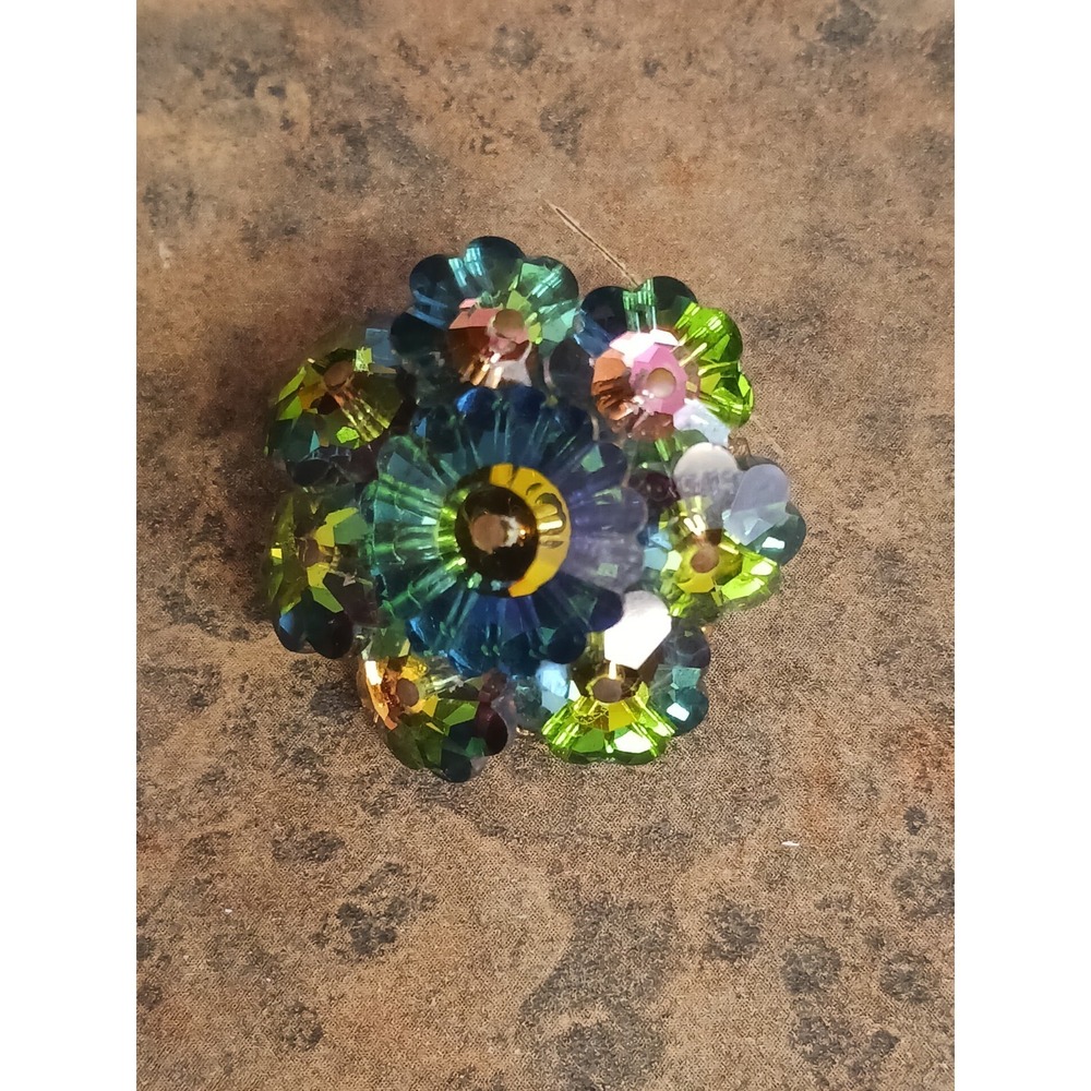 Vintage Flower Watermelon Faceted Aurora Borealis Rhinestone Cluster Brooch Pin